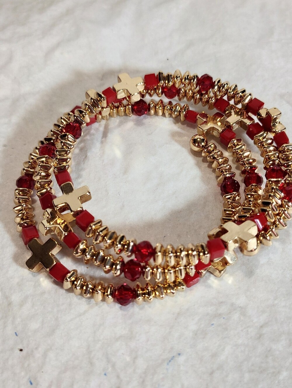 Gold Tone Crosses And Red Beads Wrap Bracelet- Women Jewelry NWOT